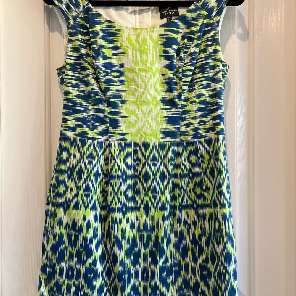 27. Adrianna Papell Ruched Blue and Green Sheath Midi Dress